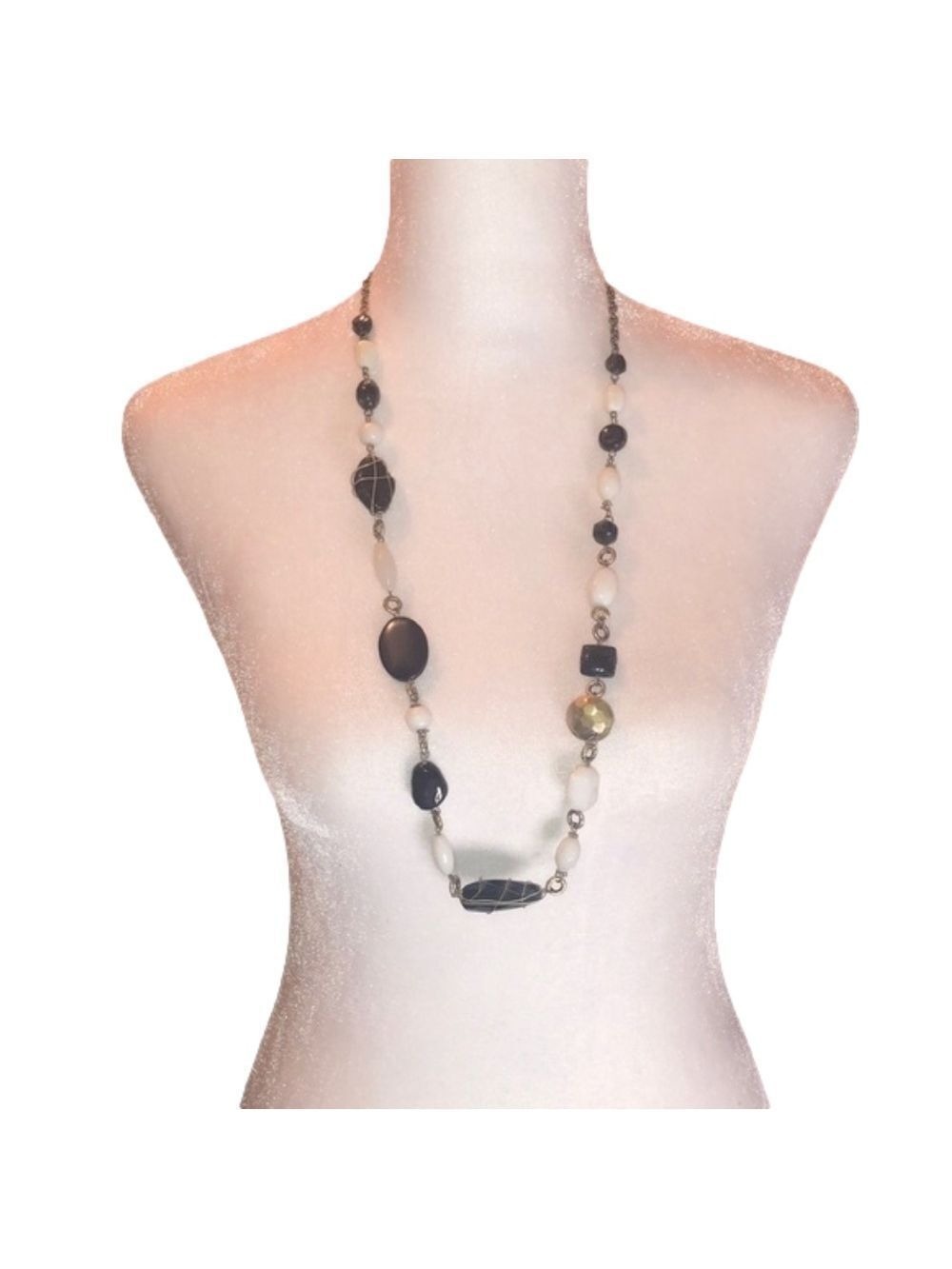 AWESOME Black & White Rock Beaded Necklace Costume Jewelry